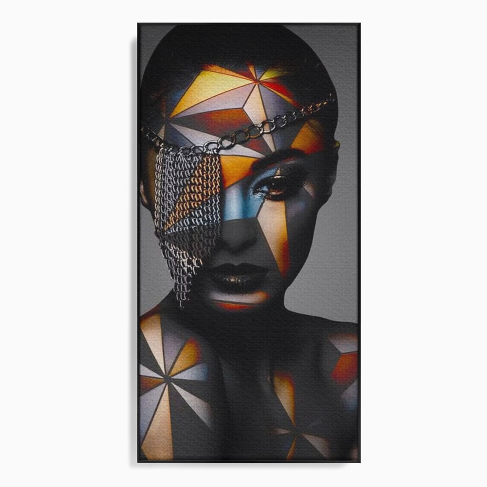 Tablou canvas cu tablou canvas cu portret feminin si lanturi, in rama de aluminiu negru